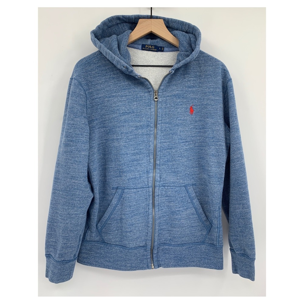 Polo Ralph Lauren Sweater Mens Large Blue Full Zip Waffle Hoodie Fleece Pony